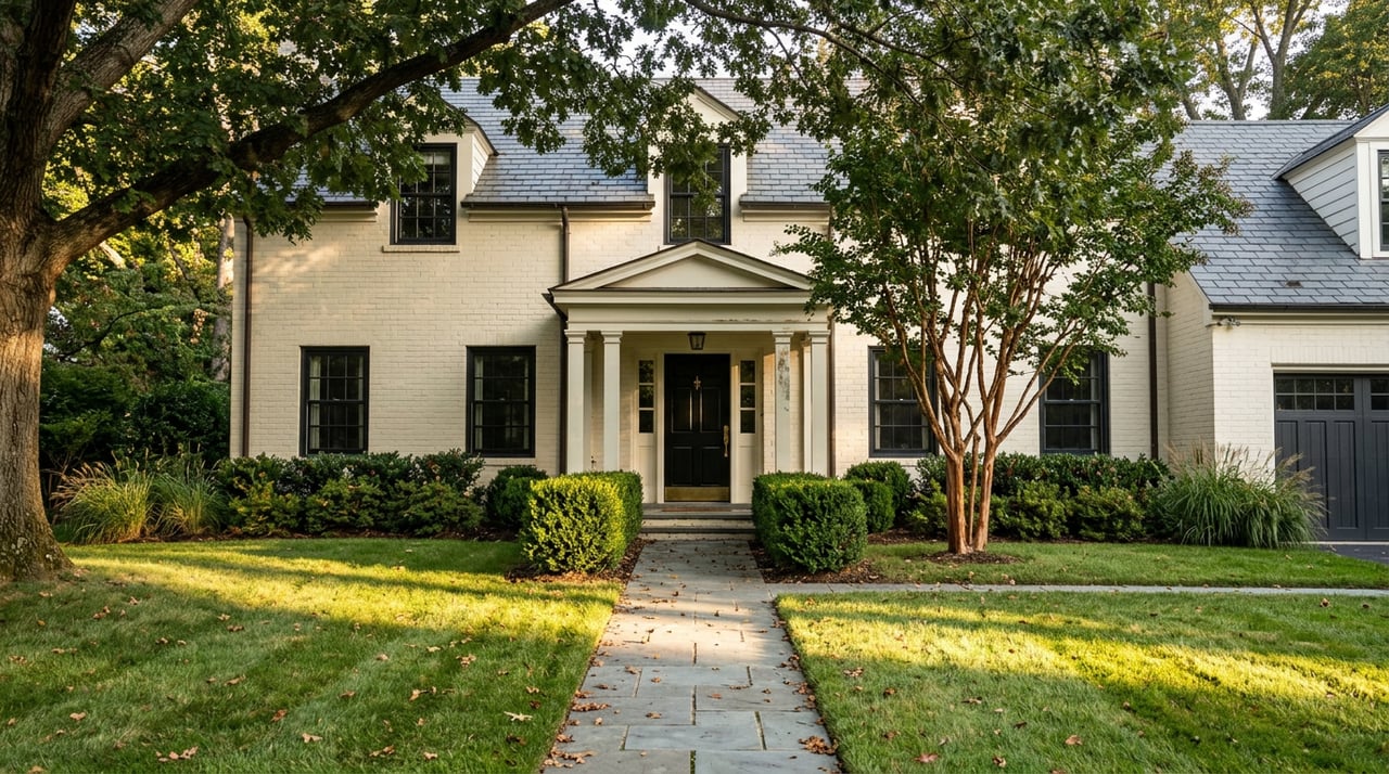 Creamy brick house with a black portico door, bluestone walk, clipped boxwood, and oak canopy.