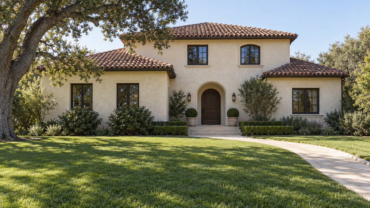 A mature oak frames a cream plaster house with terracotta roof tiles, dark wood windows and a deep green front lawn.