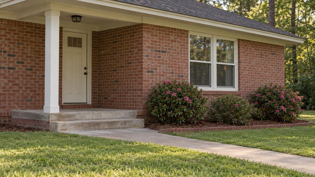 Muted red brick home with a covered concrete porch, cream entry door, white-framed window, and broad green lawn.