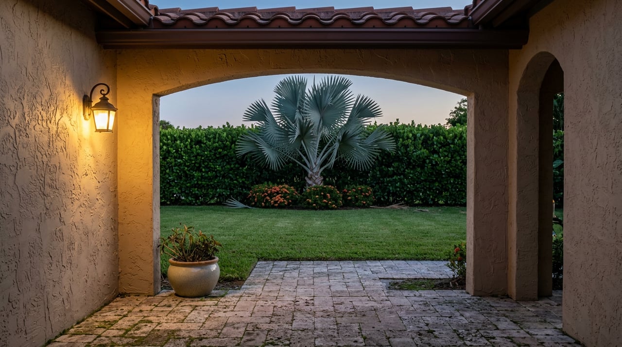 Stucco loggia with a glowing wrought-iron lantern overlooking a lawn, clipped hedge, and silhouetted palm at dusk.