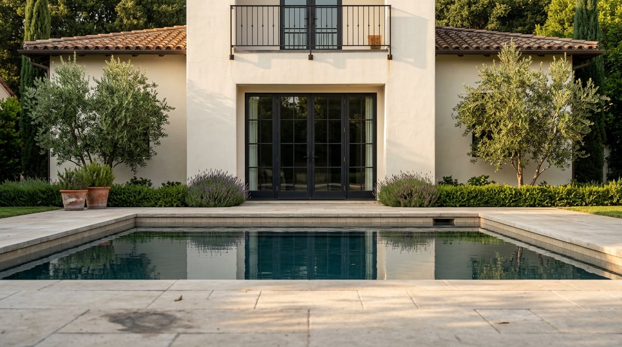 Stucco home facade behind a pool reflecting black-framed doors, olive trees rising above the roof.