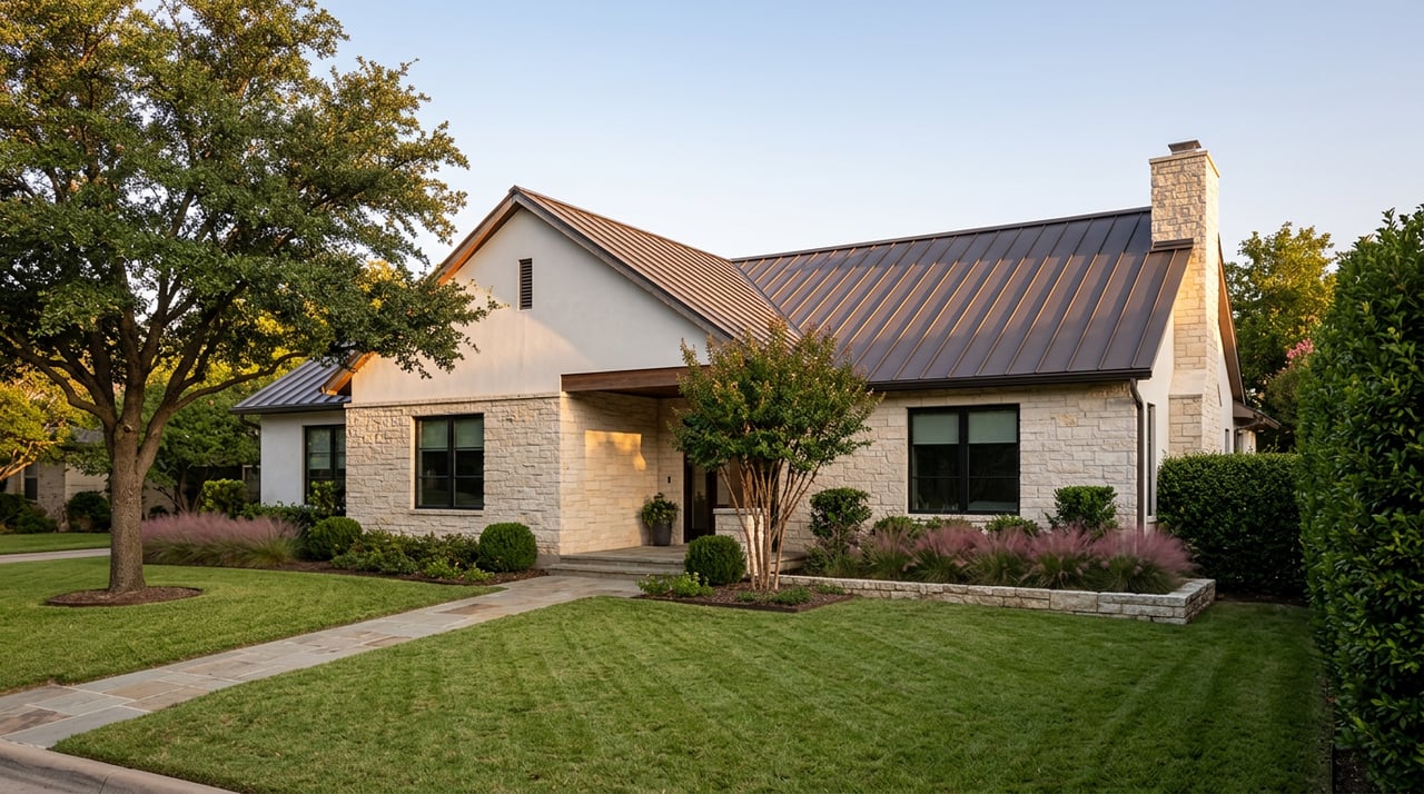 Pale stone and white stucco home with a dark metal roof, curved paver walk, and mature oak in the lawn.