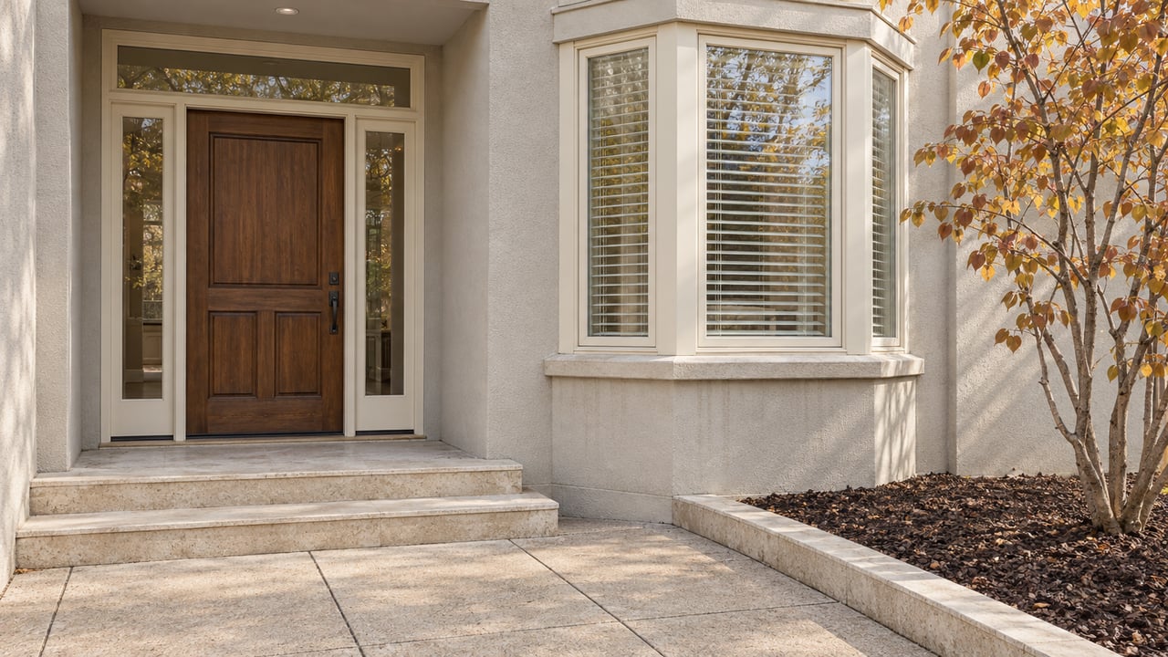 Pale stucco residence with a walnut entrance, paired sidelights, an ivory-trimmed bay window, limestone steps, and a bronze-leaved redbud.