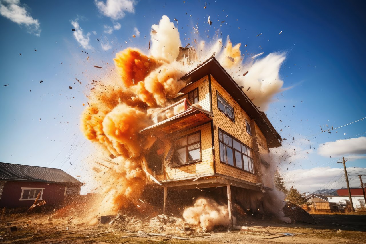 House dramatically exploding to symbolize a home listing failure due to pricing or marketing issues in today’s real estate market
