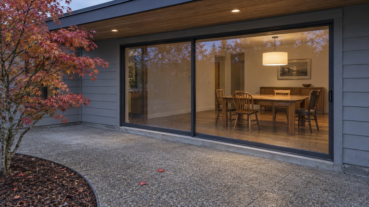 A covered terrace beside a gray ranch home, with closed glass dining-room doors and a copper-red maple at the edge.
