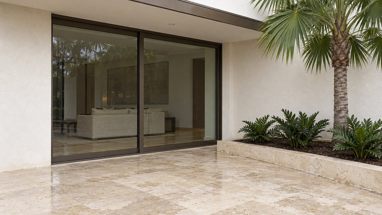 Pale stucco and bronze-framed glass beside a shell-limestone terrace and carefully planted palm bed.
