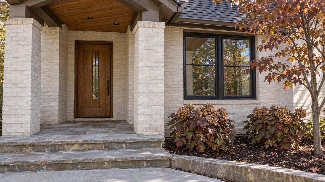 Covered painted-brick entry with an oak front door, sandstone steps and burgundy autumn planting.