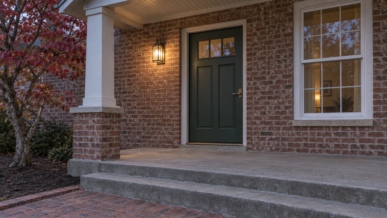 Brick home's covered entry at twilight with a muted green door, warm brass lantern, white-framed window and weathered concrete steps.