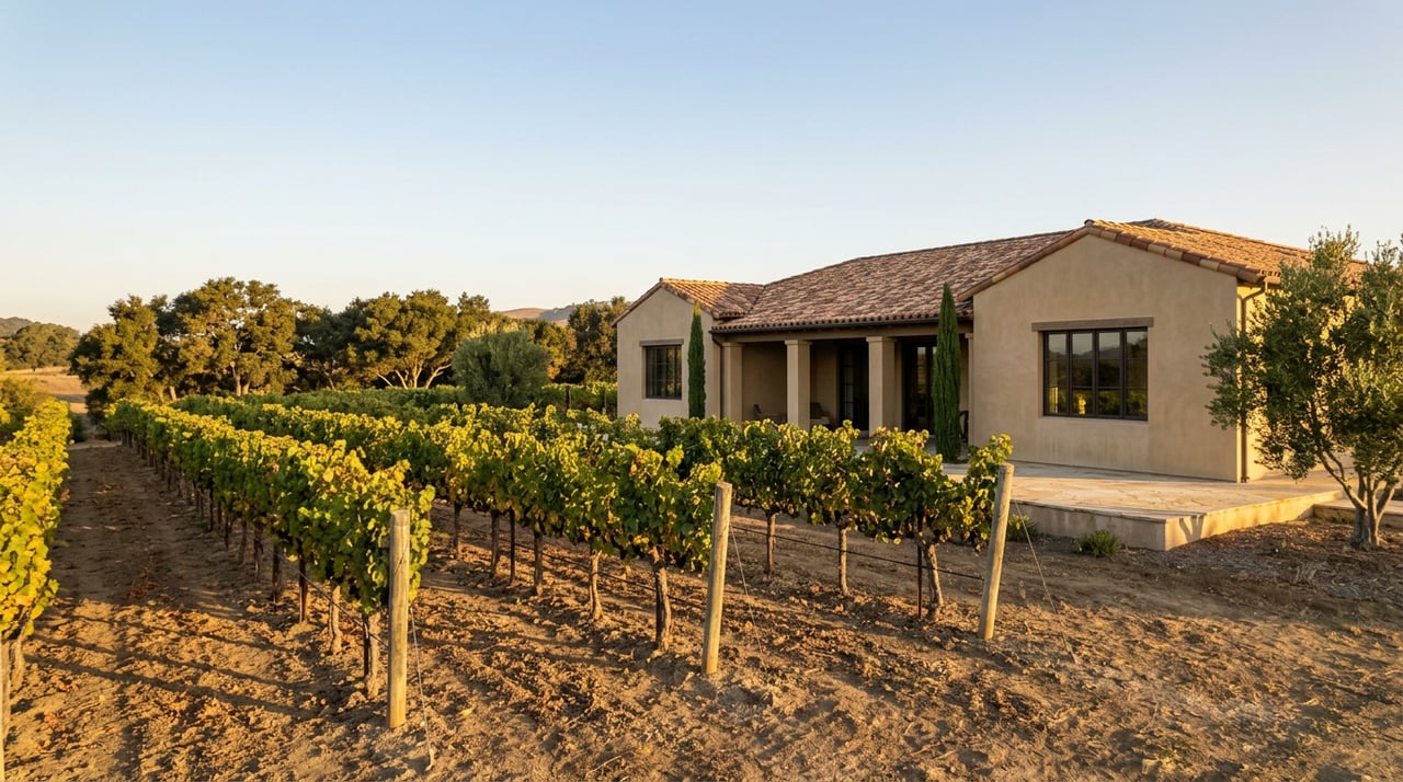 Vine rows lead toward a stucco estate with a tiled roof and loggia, backed by oak trees and low hills.