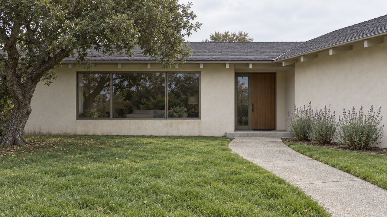A remodeled single-story home behind a deep lawn, with a curving concrete approach, weathered cedar entry, and a mature oak.