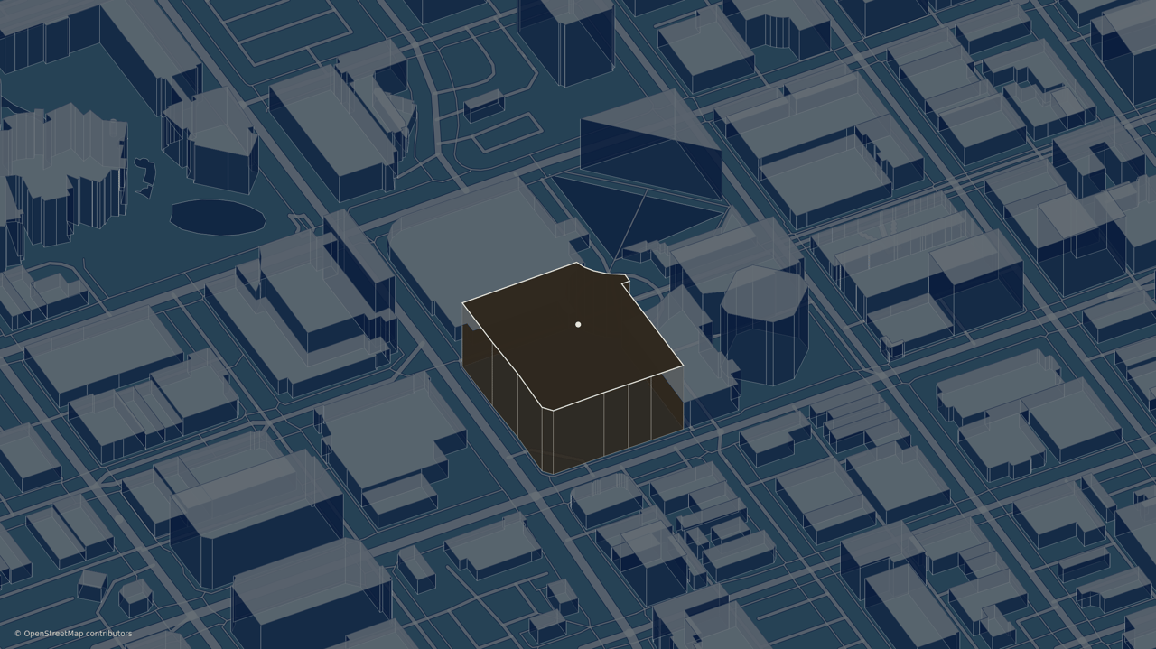 Isometric neighborhood map highlighting one building in dark brown with a white outline.