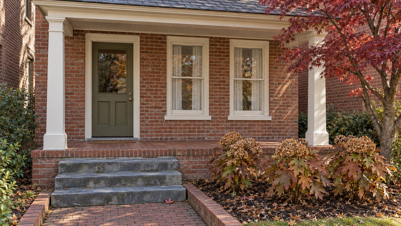 Red brick home with an olive glazed door, ivory porch columns, bluestone steps and burgundy autumn planting.