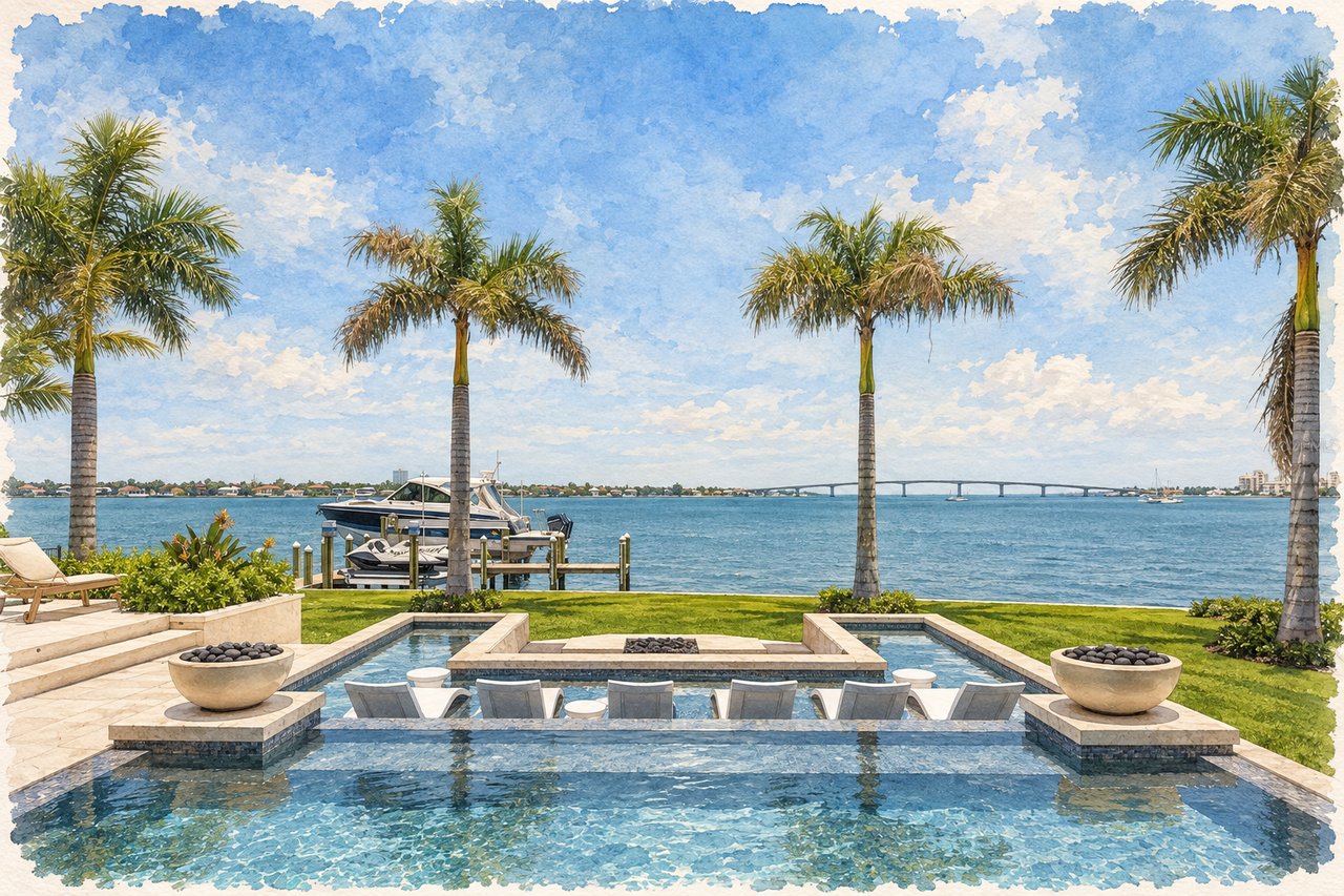 Waterfront swimming pool framed by palm trees, with a boat dock and bridge across the bay.