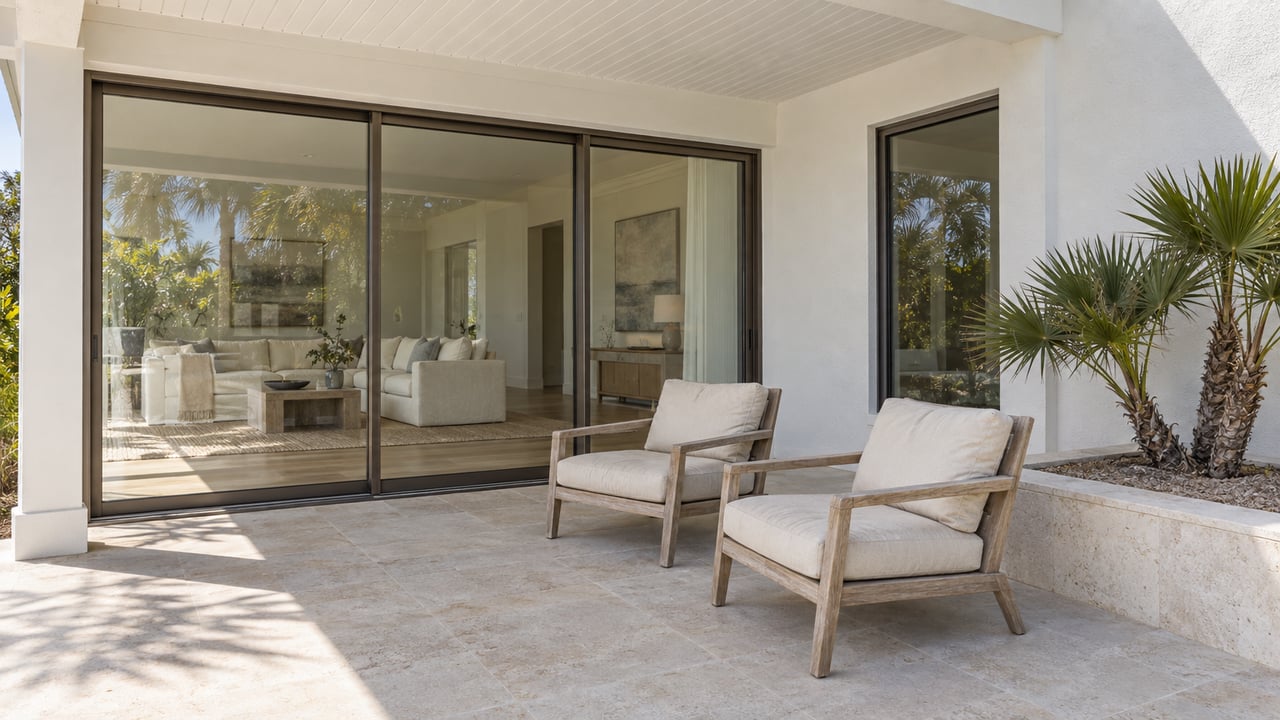 Sunlit limestone terrace of a white coastal home, with teak lounge chairs, closed glass doors and a sculptural saw palmetto in a raised planter.