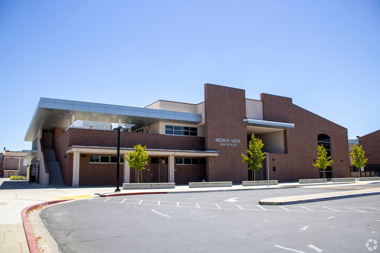 Monta Vista High School’s brick facade and front driveway in Cupertino.