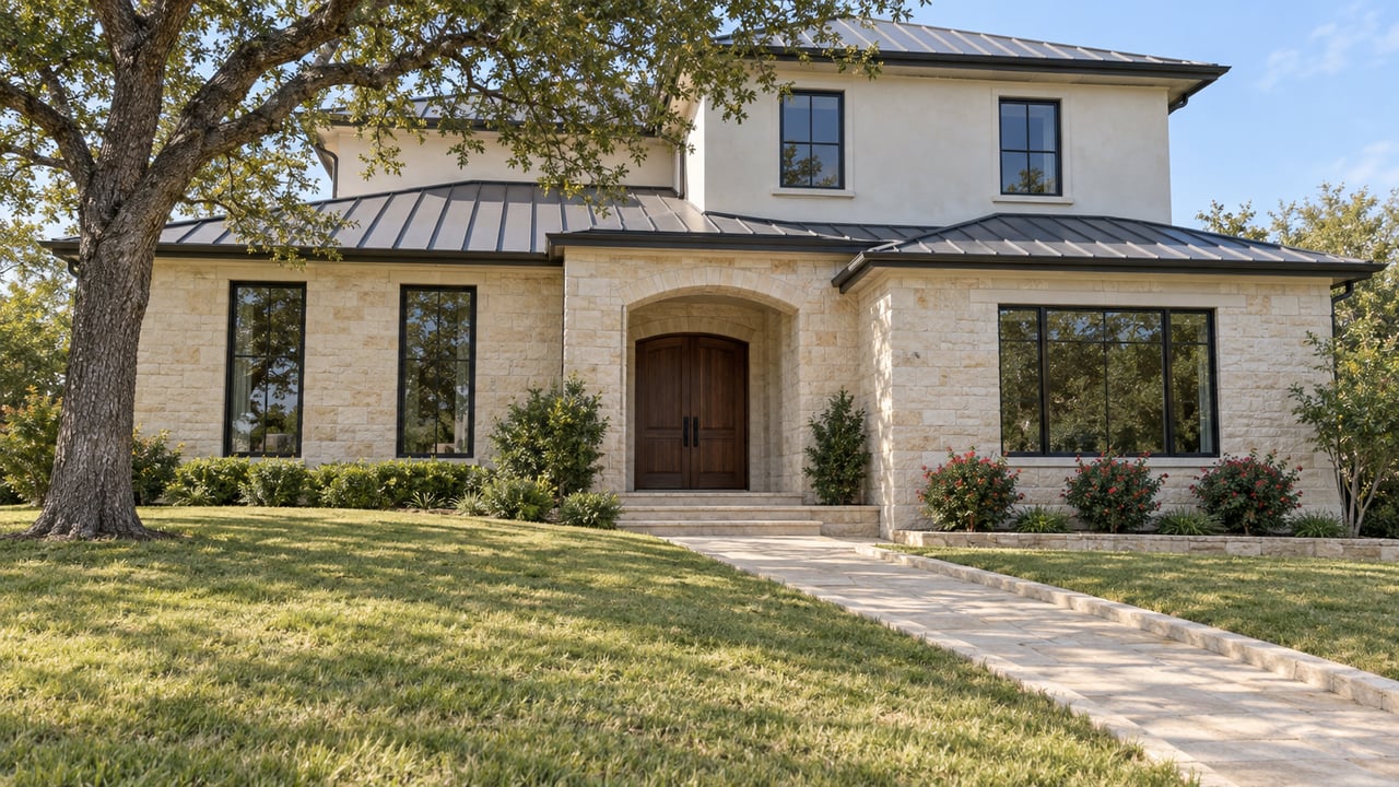 Limestone and ivory stucco home beyond a broad lawn, with dark-framed windows, a recessed double-door entry and a spreading live oak.