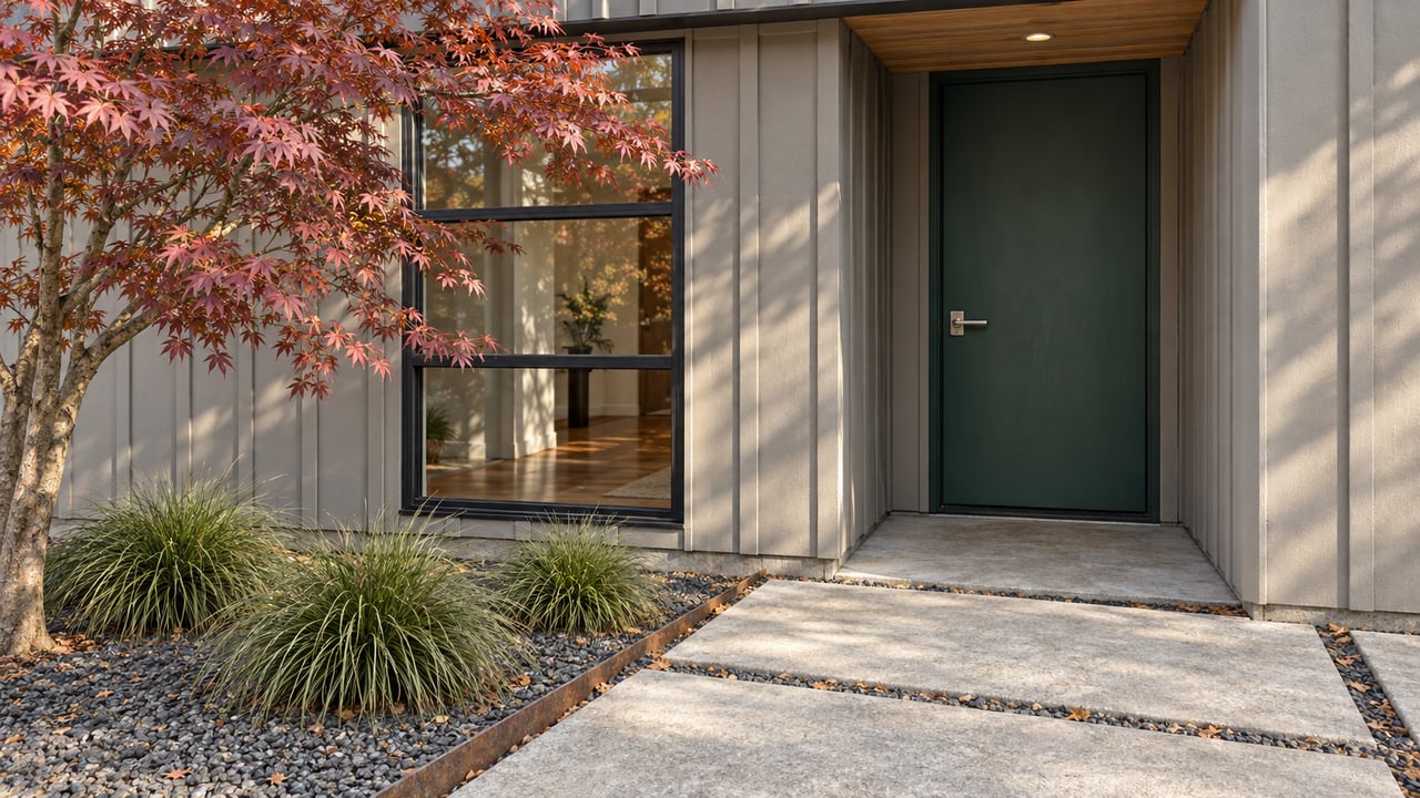 A deep-green front door and black-framed window beneath a low roof, beside a bronze-leaved maple and weathered concrete approach.