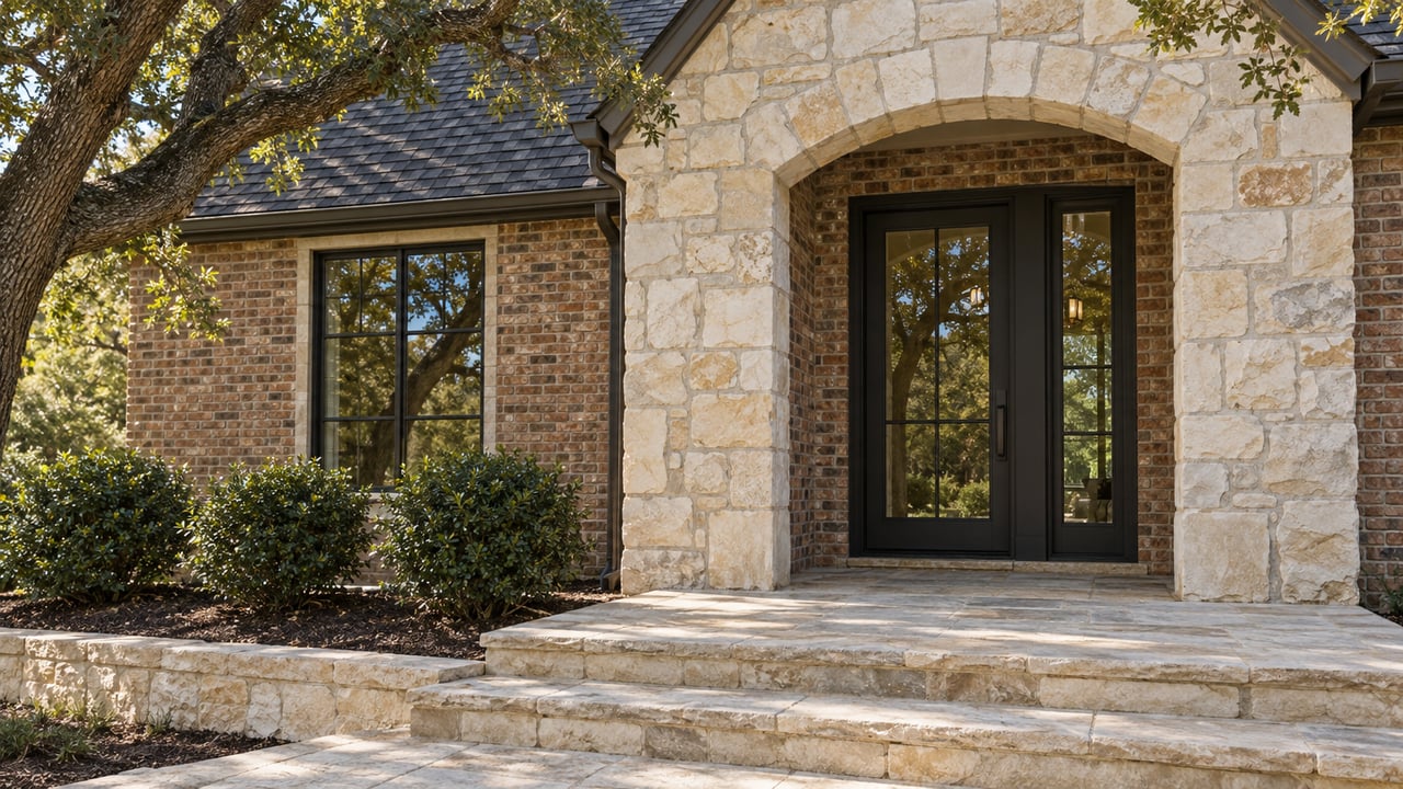 Limestone arch surrounds a black-framed glass door in a brick facade, beside an oak and clipped shrubs.