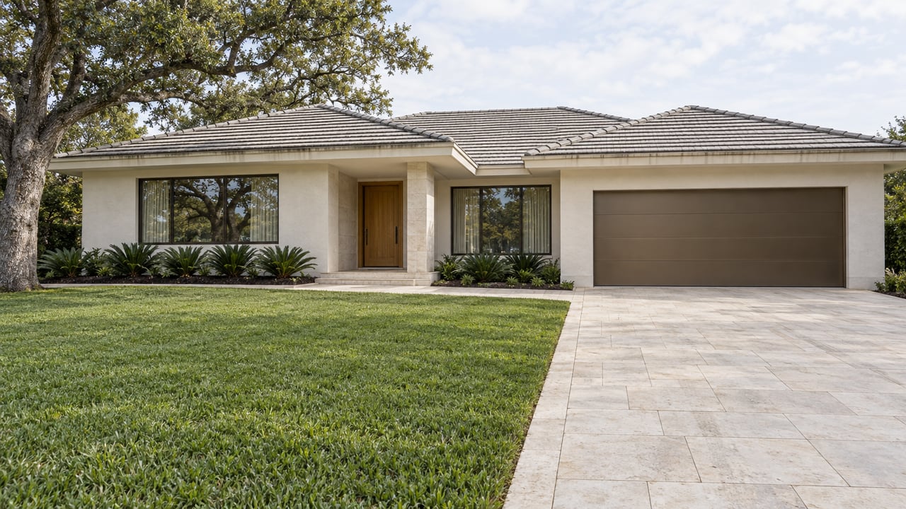 Pale stucco home with a low tiled roof, bronze-framed windows, a limestone driveway and a broad lawn shaded by a mature live oak.