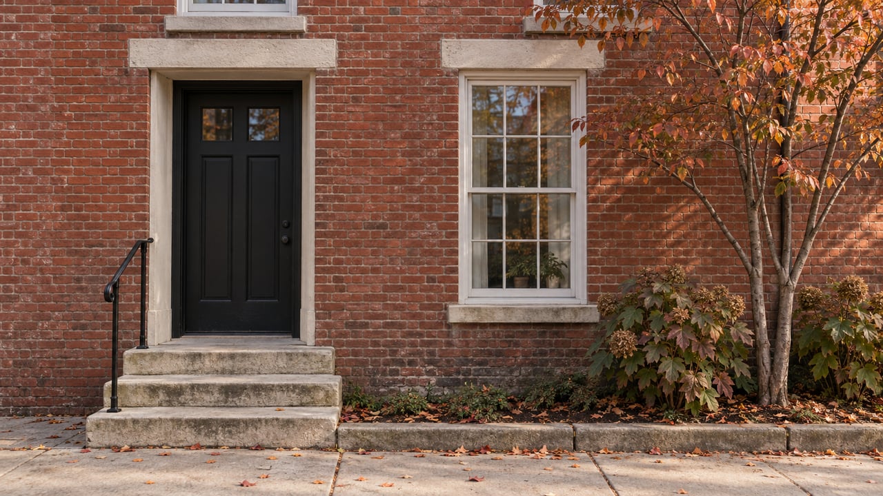 Red-brick townhouse facade with a black entry door, limestone steps, and a small tree beside the window.