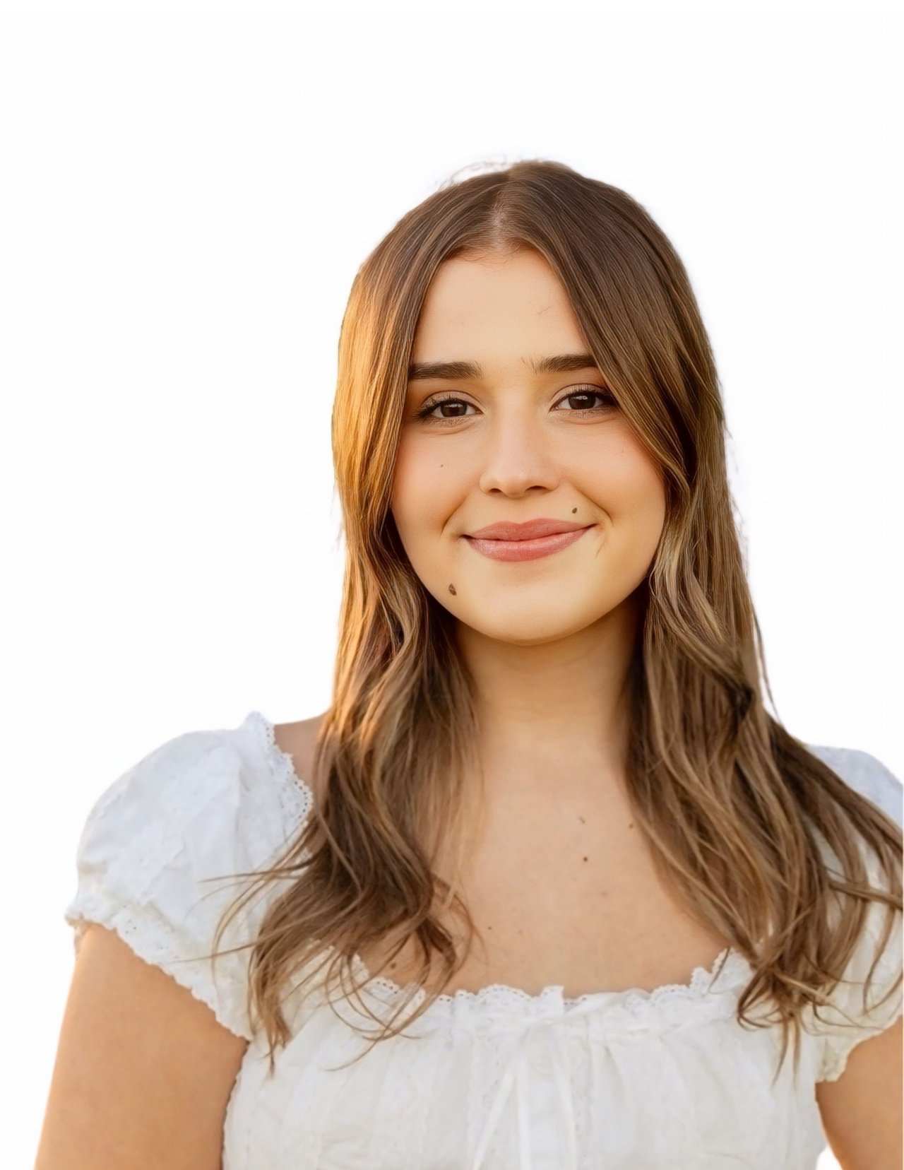 Jessica Suyarkov smiling in a white lace-trimmed blouse