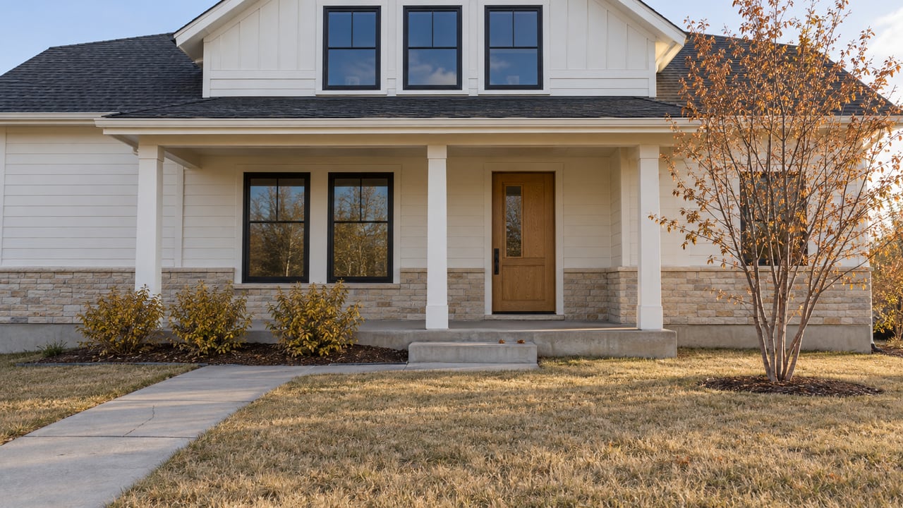 Late-autumn sunlight on a light-sided gabled home, with a shallow front porch, dormant lawn and copper-leaved serviceberry.