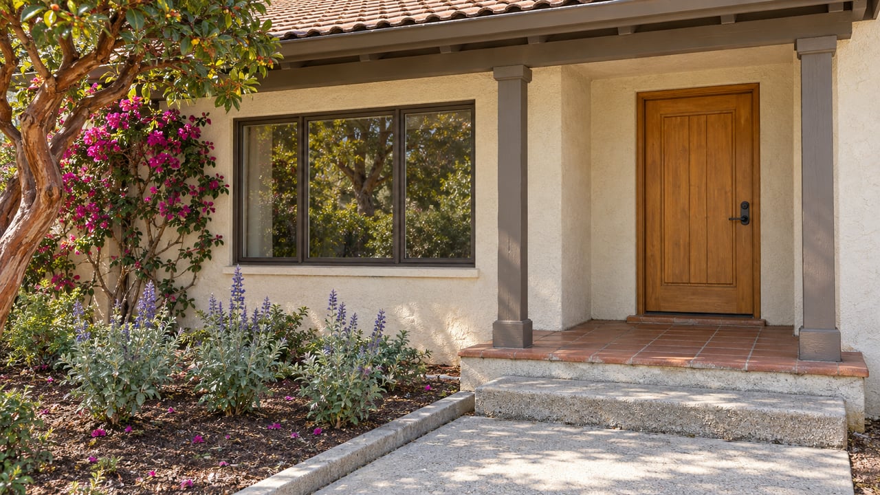 A cream stucco home with a shaded timber porch, warm wood door, terra-cotta stepside terrace and magenta bougainvillea beside a concrete garden approach.