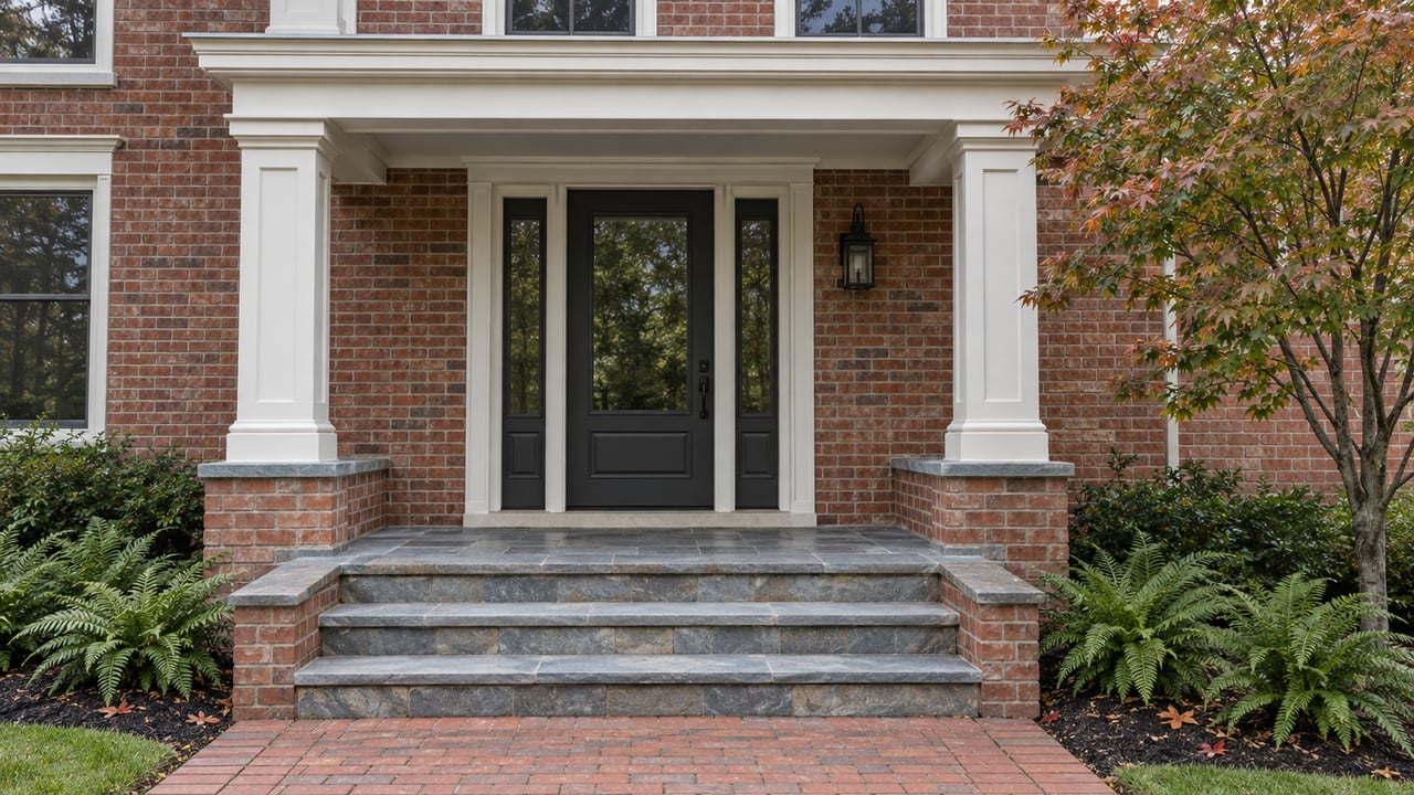 Brick home entrance with white porch columns, charcoal glazed door, stone steps and a red maple beginning to turn.