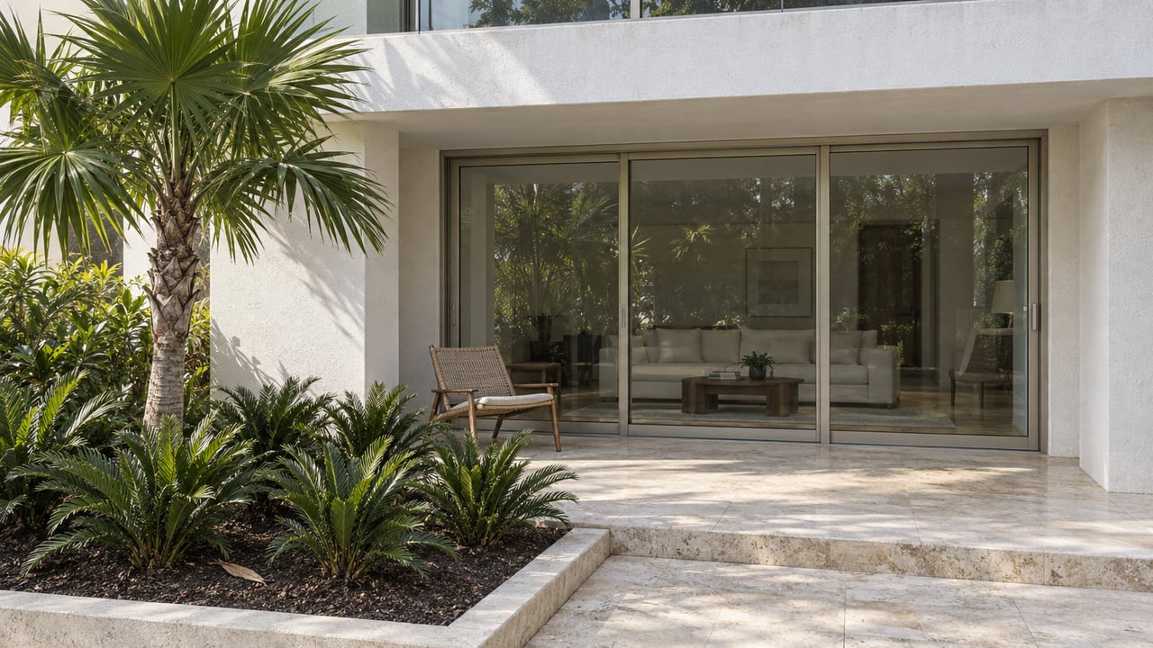 Contemporary condominium terrace with white stucco, closed sliding glass doors, pale limestone paving and a sculptural fan palm.