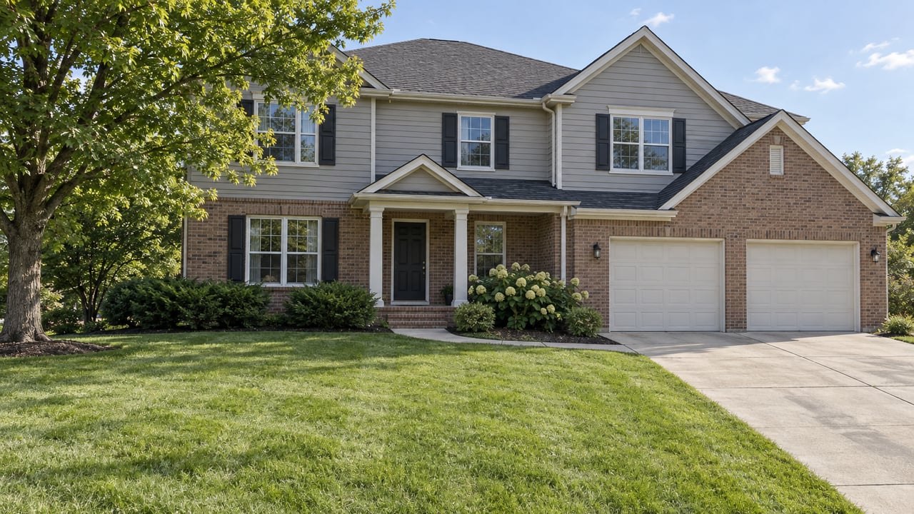 Two-story gabled home with gray siding, brick lower walls, a covered entry and attached two-car garage beyond a broad green lawn.