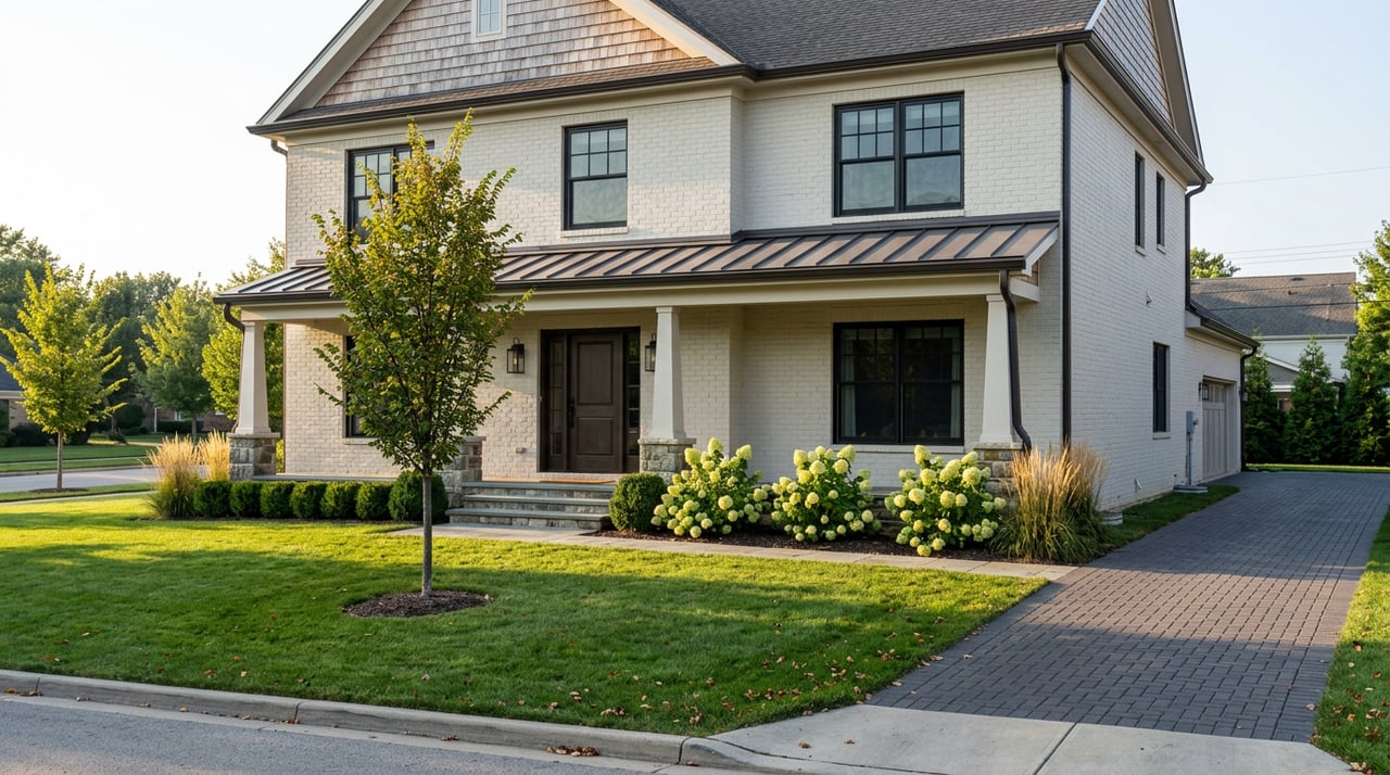 Creamy-grey brick two-story house with a cedar-shake gable, broad lawn, paver driveway, and young elm tree.