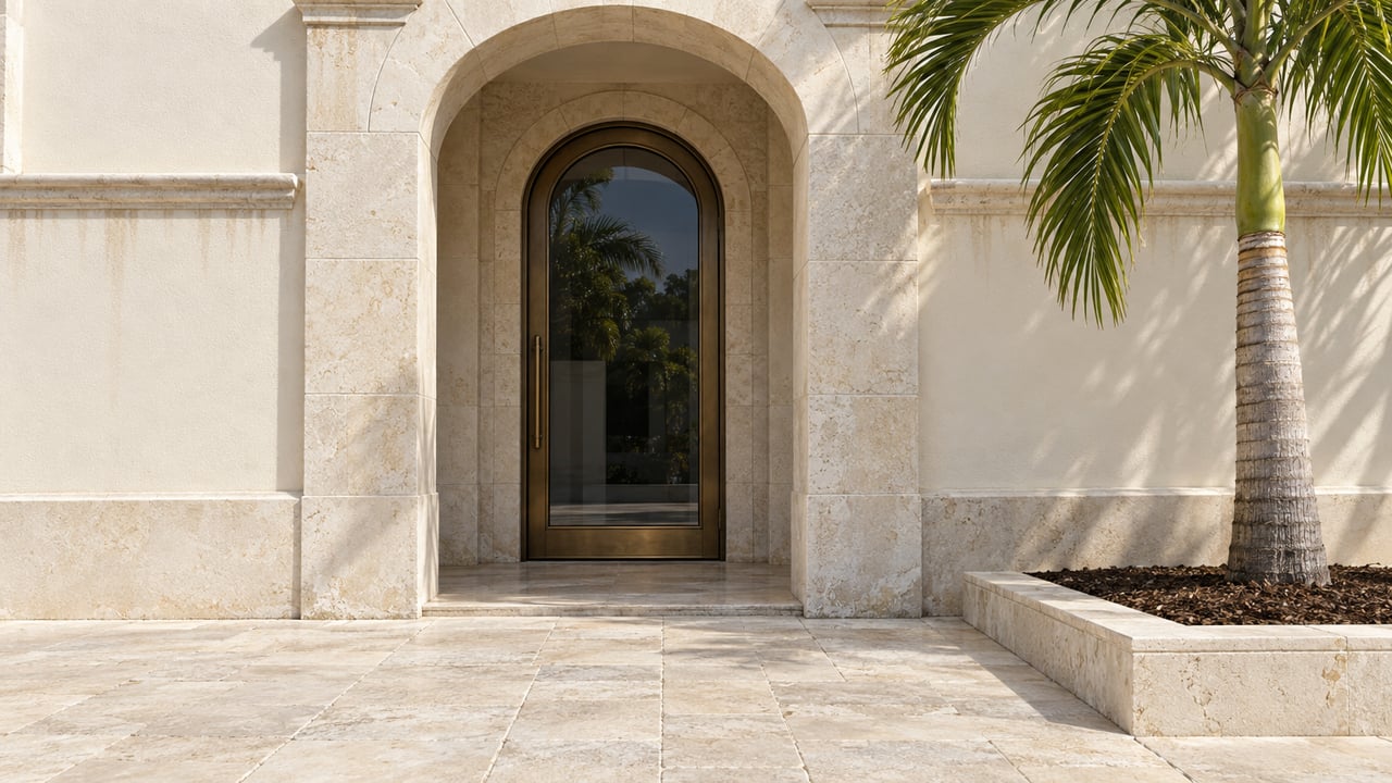 Sunlit cream stucco entrance with a limestone arch, closed bronze-framed glass door and one palm beside the stone approach.