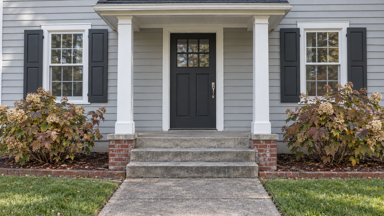 Pale gray clapboard home with a charcoal front door, white porch posts, concrete steps and autumn oakleaf hydrangeas.
