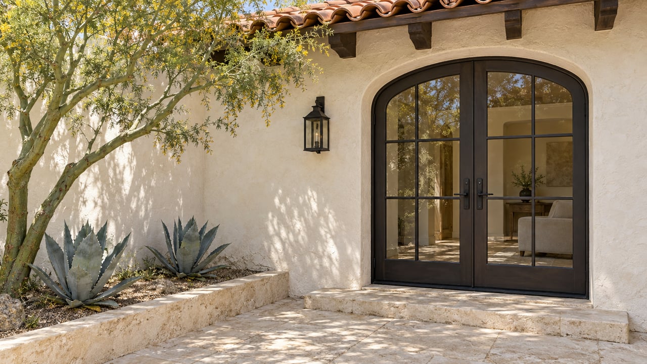 Sunlit cream-stucco residential terrace with clay roof tiles, arched glass French doors, limestone paving and sculptural desert planting.