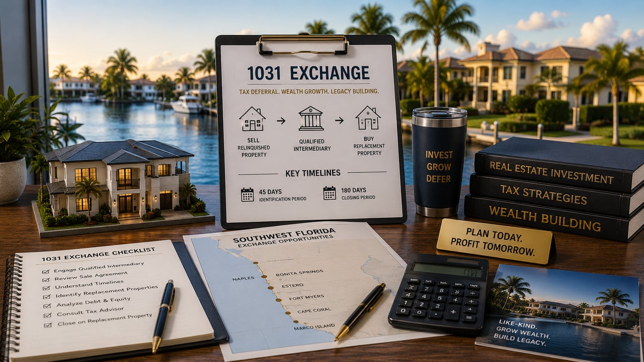 Workspace featuring 1031 exchange planning materials, investment property documents, calculator, and a luxury Southwest Florida waterfront home, illustrating tax-deferred real estate exchanges, qualified intermediary requirements, and investment property opportunities in Naples, Fort Myers, Bonita Springs, Estero, Cape Coral, and Marco Island.