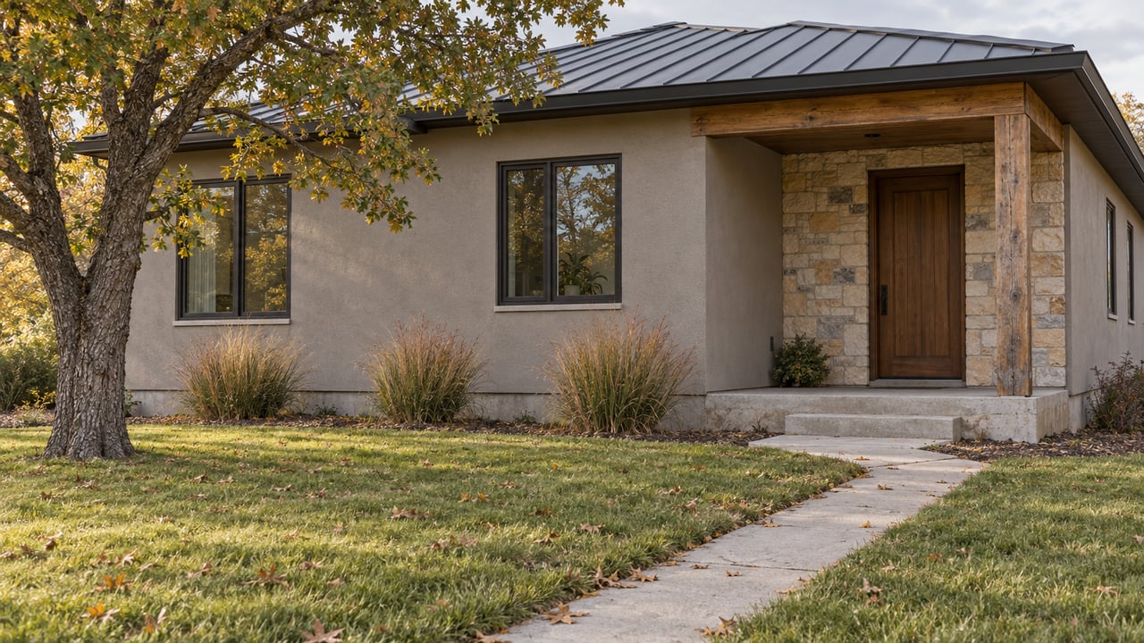 Gray stucco house with a sandstone porch, narrow concrete walk, lawn, and an open-crowned oak.