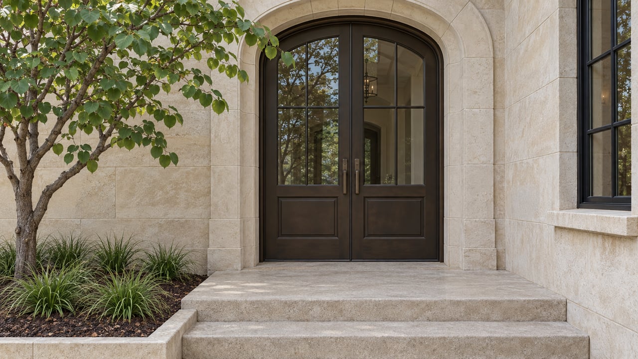 Cream limestone arched entrance with paired bronze glazed doors, concrete steps and a small redbud planting bed.