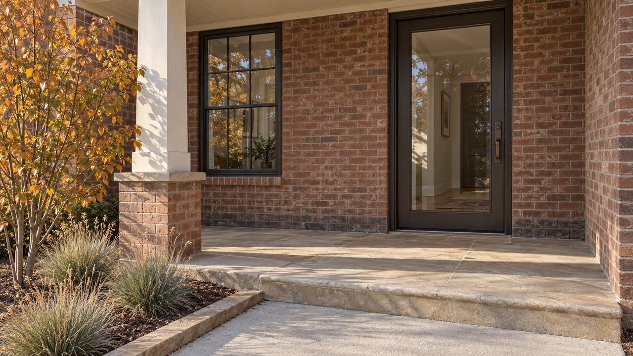Sunlit brick porch with a bronze-framed glass door, sandstone step and small autumn serviceberry.