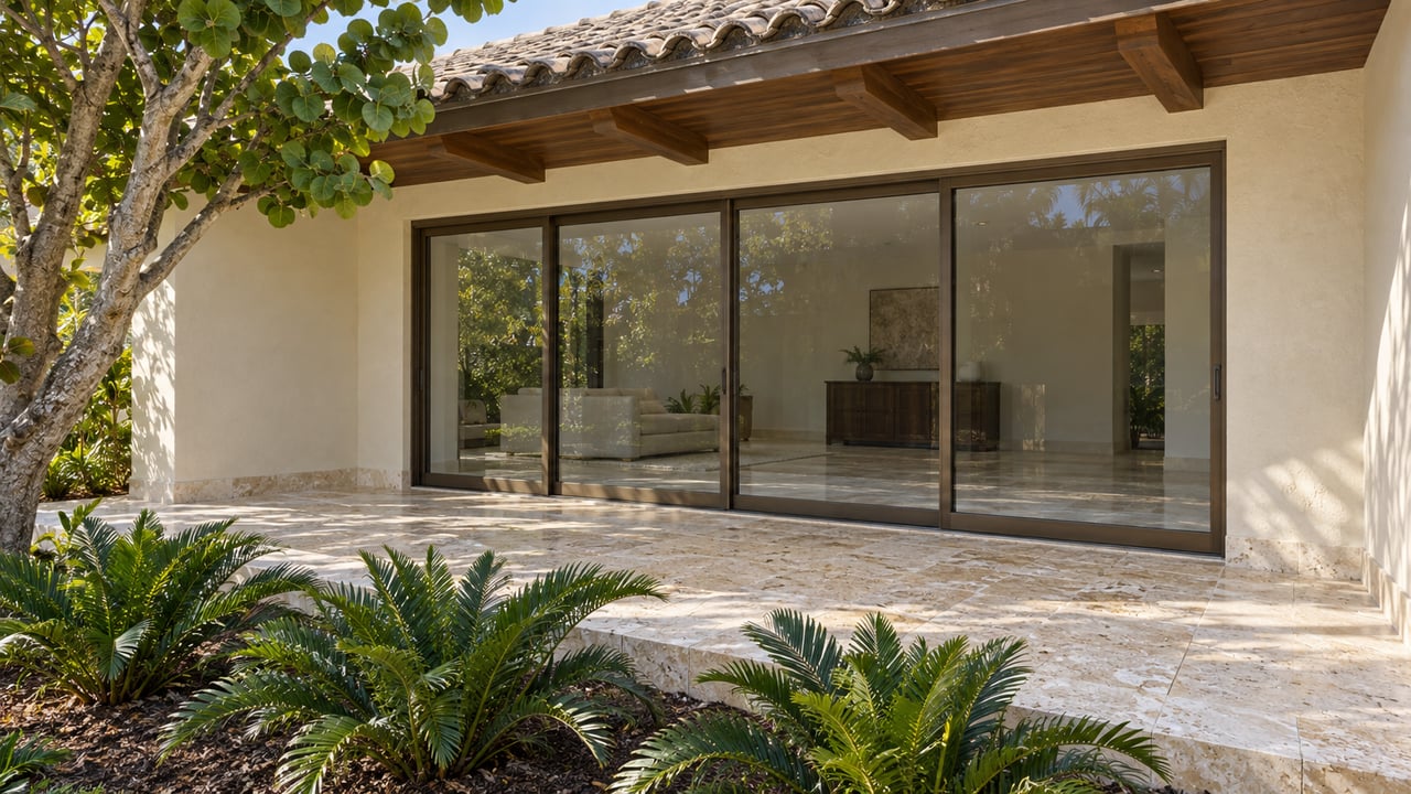 Sunlit cream-stucco home with a tiled roof, closed bronze-framed glass doors and shell-flecked stone terrace beside sea grape and coontie plants.