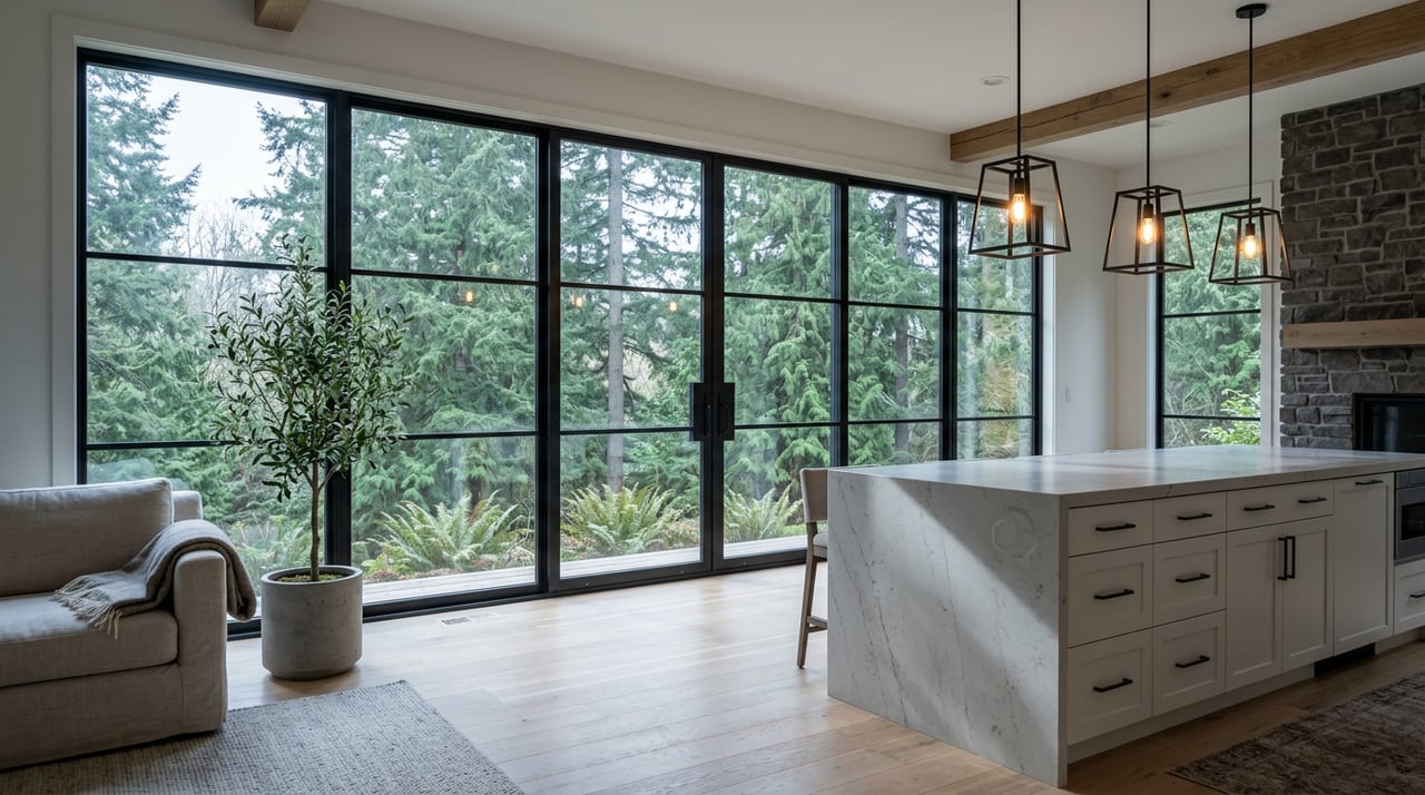 Open-plan living room and kitchen with a quartz island, stone fireplace, and fir trees beyond floor-to-ceiling windows.