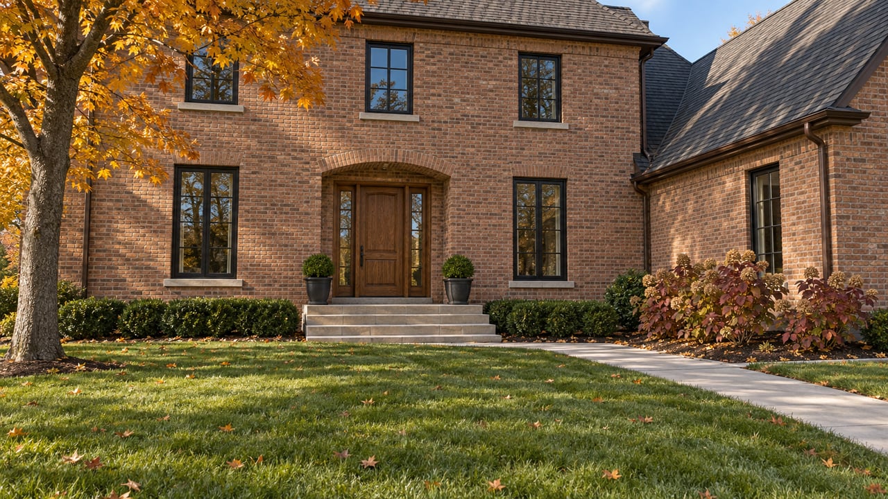 Brick home with a recessed oak entrance, limestone steps, deep front lawn and autumn maple foliage.