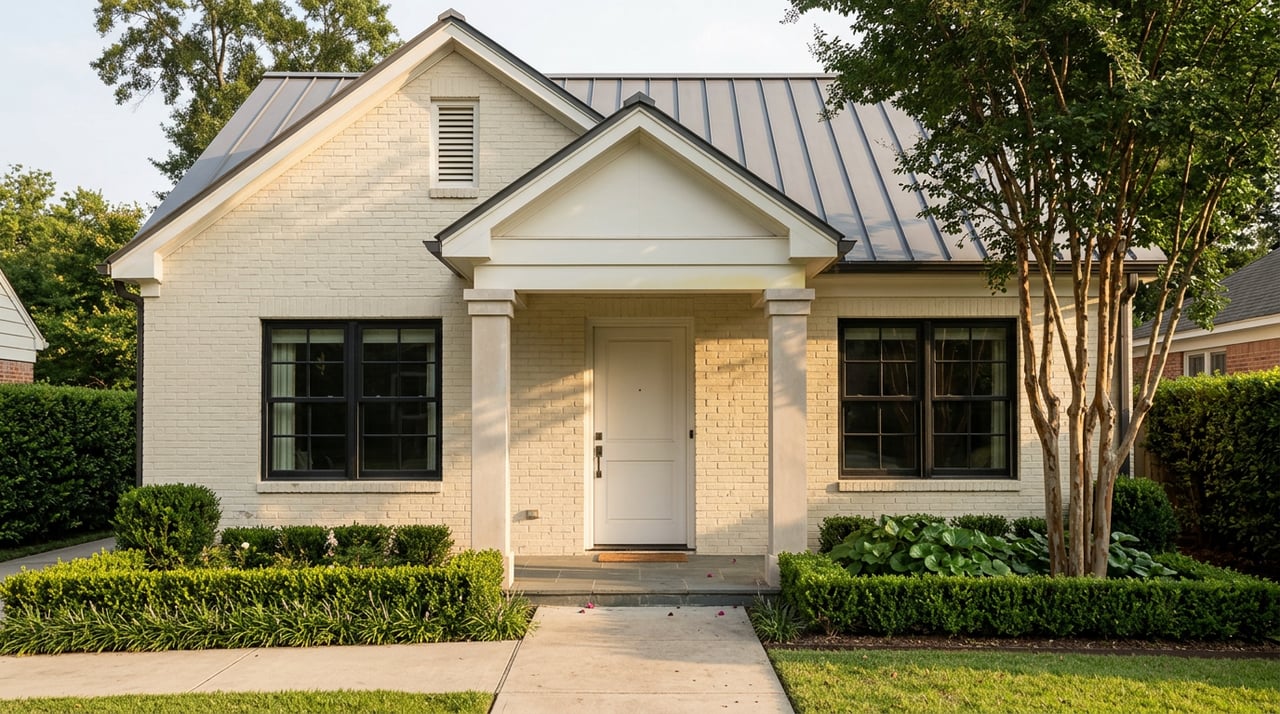 Compact ivory brick home with black casement windows, a gabled portico, and a crape myrtle beside the porch.