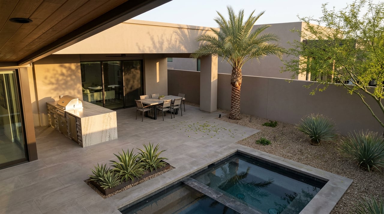 Raised view of a stone patio with a quartzite outdoor kitchen, four-chair dining table, dark-tiled spa, and desert plants.