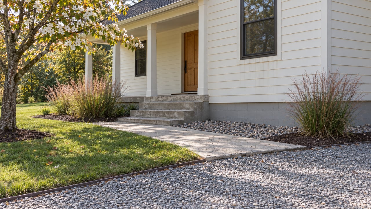 Cream-sided home with porch steps, exposed block foundation, gravel drive, concrete walk, and graded lawn beneath a flowering dogwood.