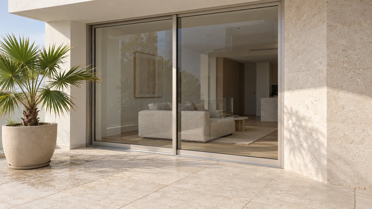 Modern home with sliding glass doors opening to a stone terrace beside a potted palm.