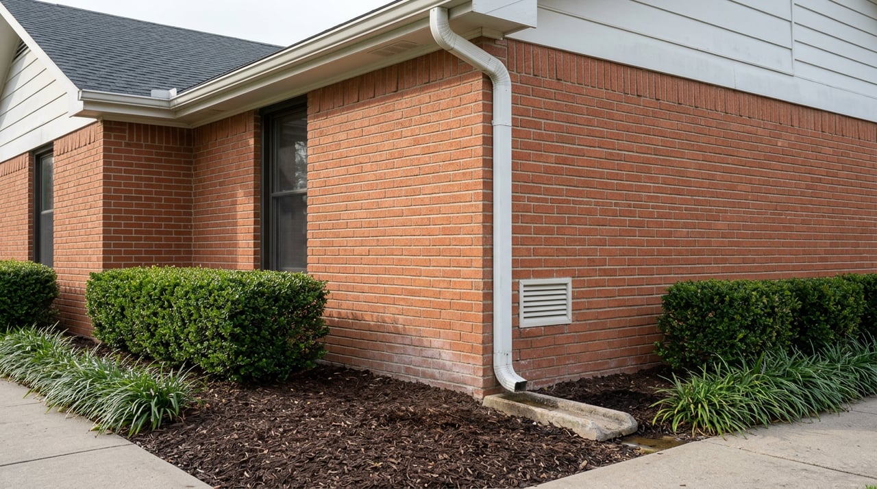 Brick house corner with a white downspout ending at a concrete splash block beside a clipped hedge.