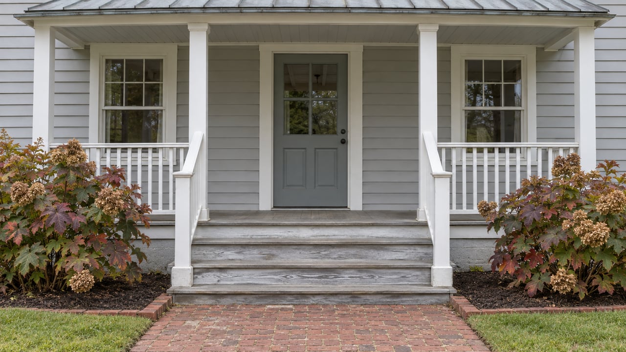 Pale clapboard house entrance with a covered porch, weathered wooden steps, brick approach and bronze oakleaf hydrangea foliage.