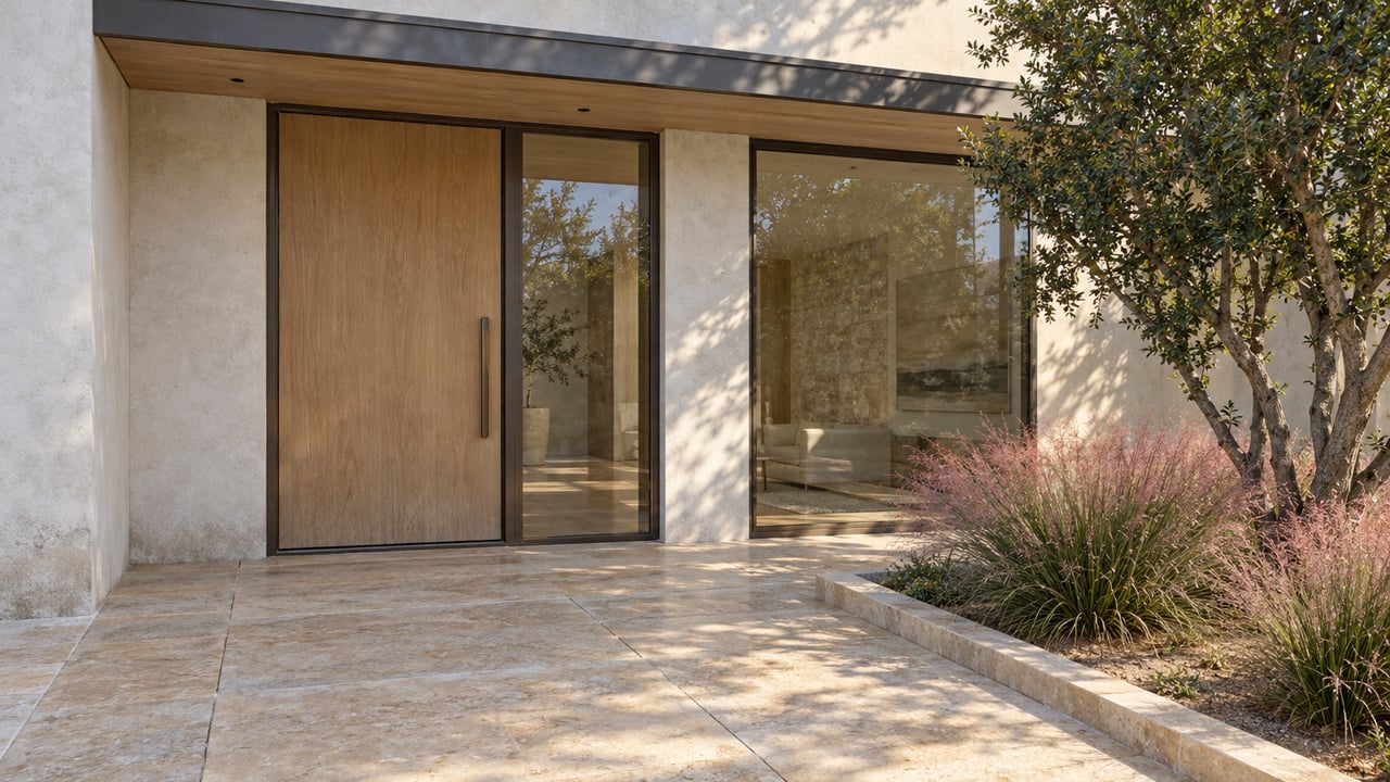 Morning light across a limestone entry terrace, pale stucco facade, oak door and bronze-framed windows, with a sculptural yaupon holly and pink muhly grass.
