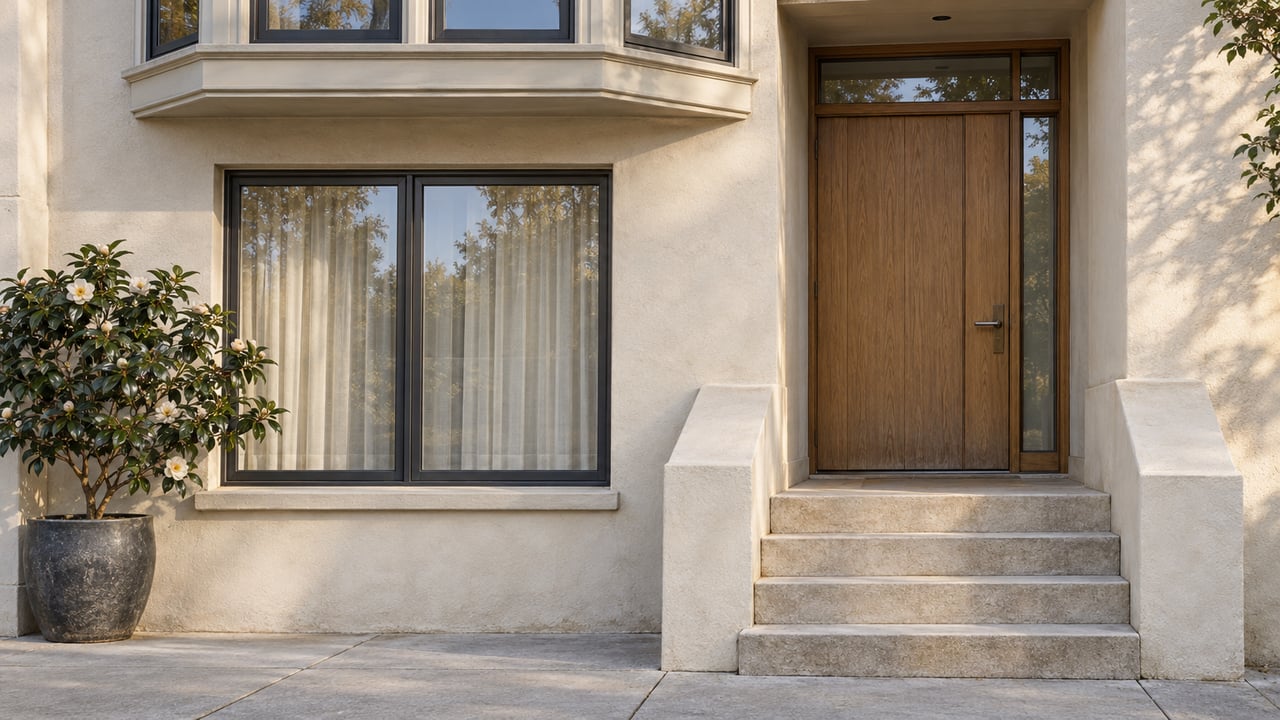 Ivory stucco residence with a projecting bay window, oak entry door, limestone steps, and a potted camellia in morning light.
