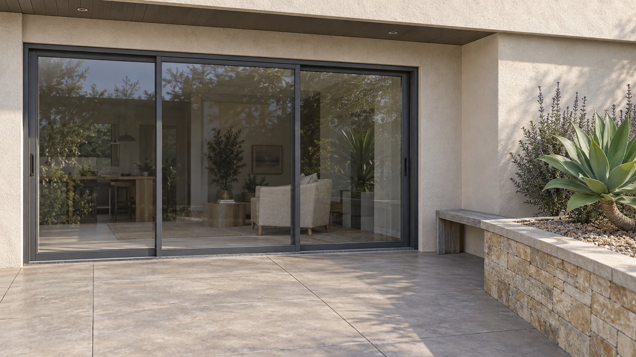 Cream stucco home with closed dark-framed sliding doors, concrete terrace, weathered teak bench, and a stone planter holding agave and sage.